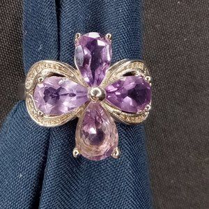 925 Sterling Silver Four Leaf Clover Amethyst with Diamonds Ring
